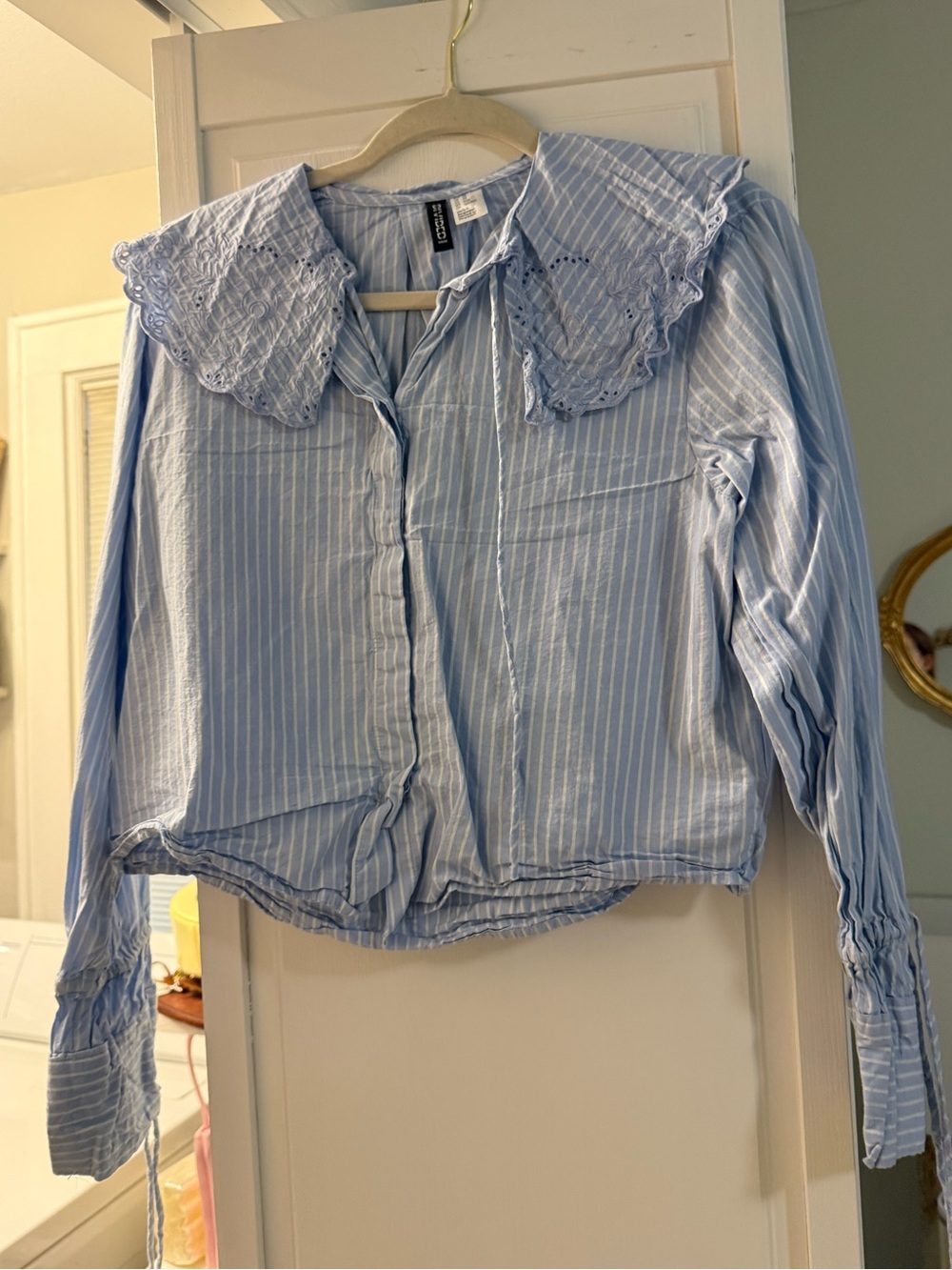 H&M Blue Striped Eyelet Collared Blouse